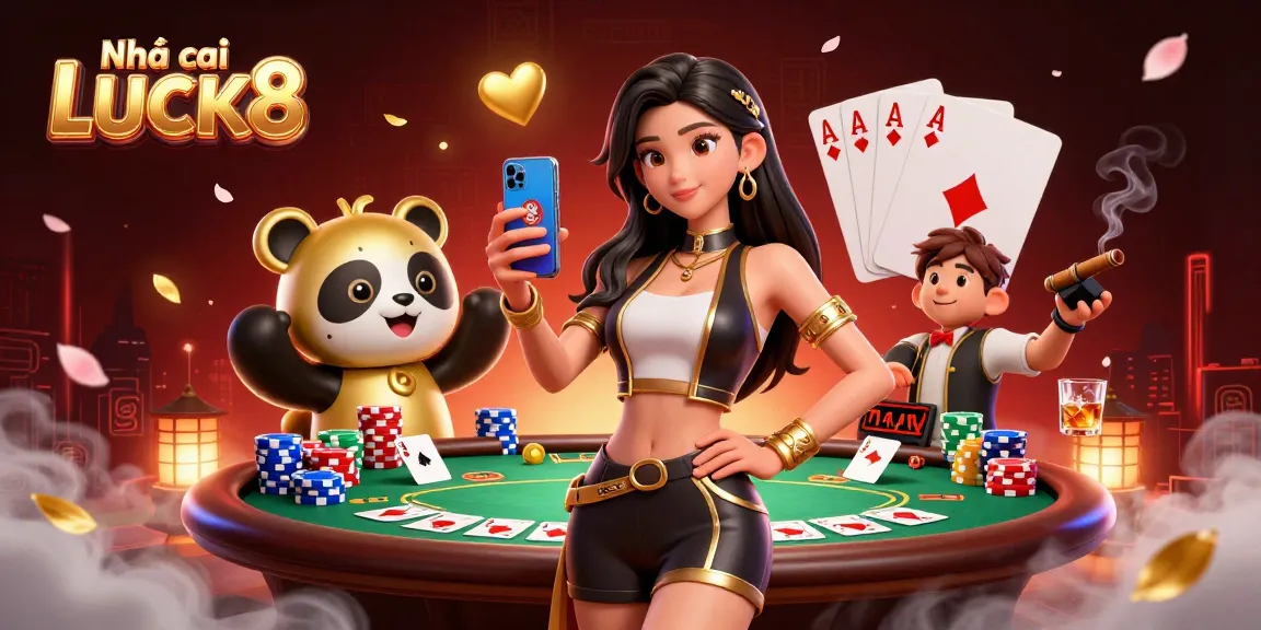 Experience the thrill at Nhà cái LUCK8 with an Asian woman holding a casino game smartphone.