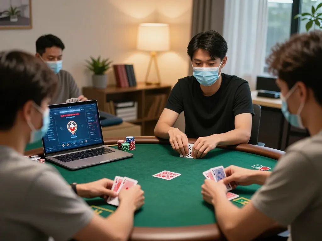 Players strategizing at fly88 online poker game on laptops, home office ambiance.