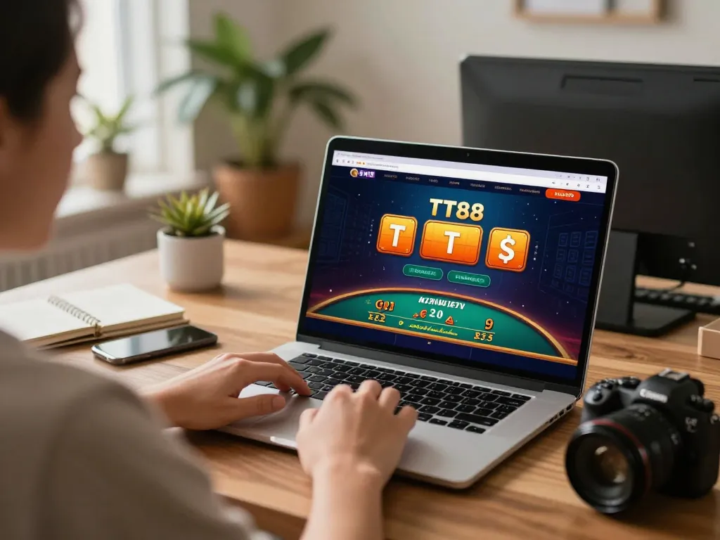 Player engages with TT88 online casino interface while enjoying home gambling experience