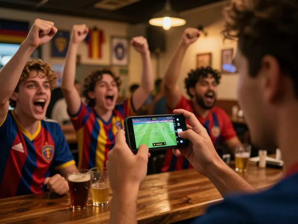 Socolive live-streaming football match with passionate fans cheering and celebrating in a vibrant atmosphere