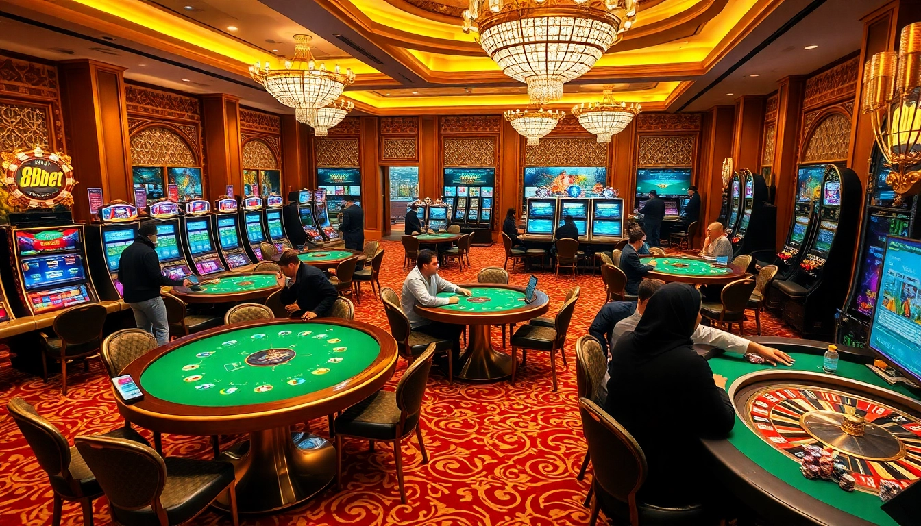 Players placing bets at an upscale 8kbet online gambling casino, showcasing poker and slot games.