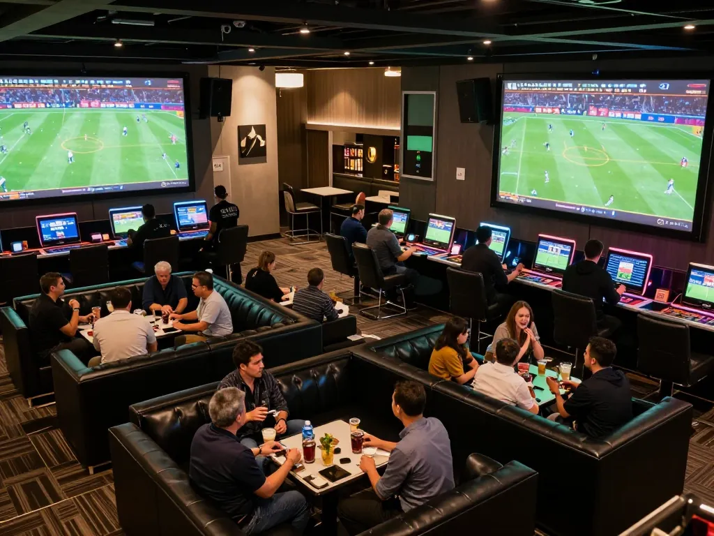 Engaged patrons placing sports bets at tylekeonhacai88 lounge with live matches on screens.