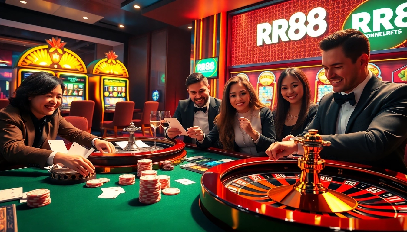 Experience the thrill of gaming at RR88 with vibrant casino action featuring poker chips and slot machines.
