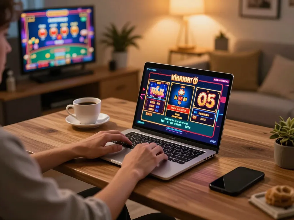 Engaging online gaming session at KKBD Bangladesh with vibrant casino games on laptop.