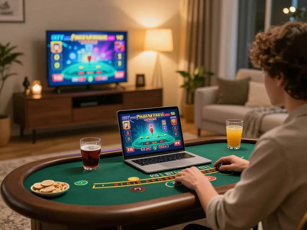 Engaging in a live dealer game on 13win while enjoying snacks in a cozy home.