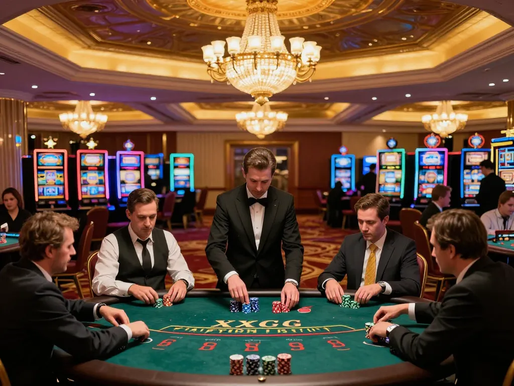 Players engaged in strategic blackjack gameplay at XXGG casino, showcasing expert betting and vibrant atmosphere.