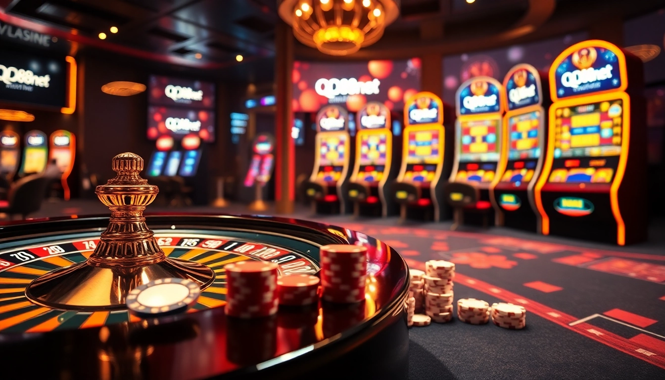 Experience the thrill of gambling at QQ88z Net with vibrant casino visuals featuring roulette, slots, and poker.