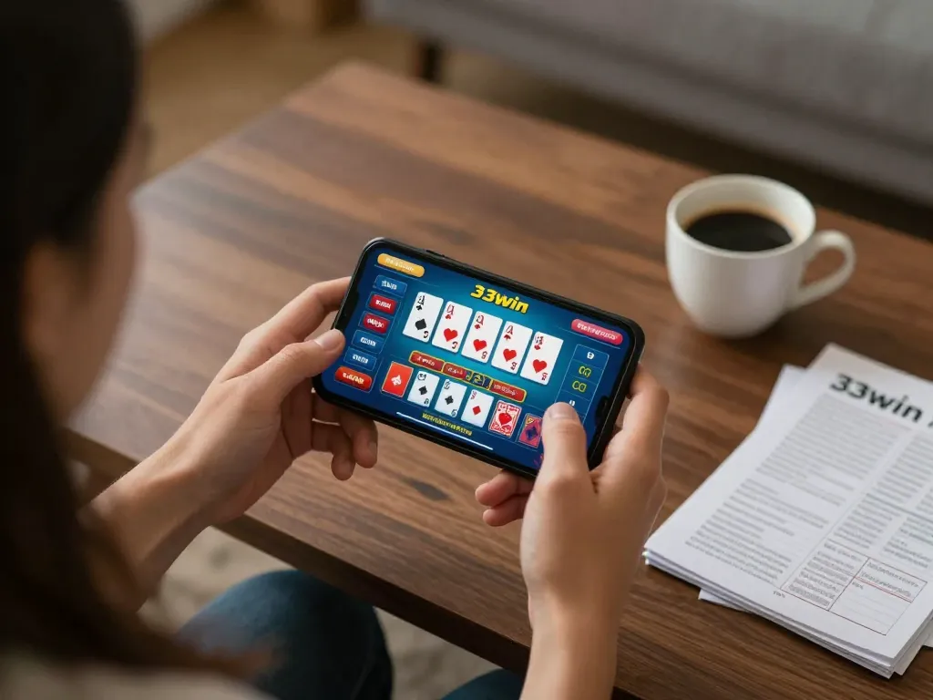 Playing 33win's live dealer game on a smartphone in a cozy home setting, emphasizing mobile gambling.