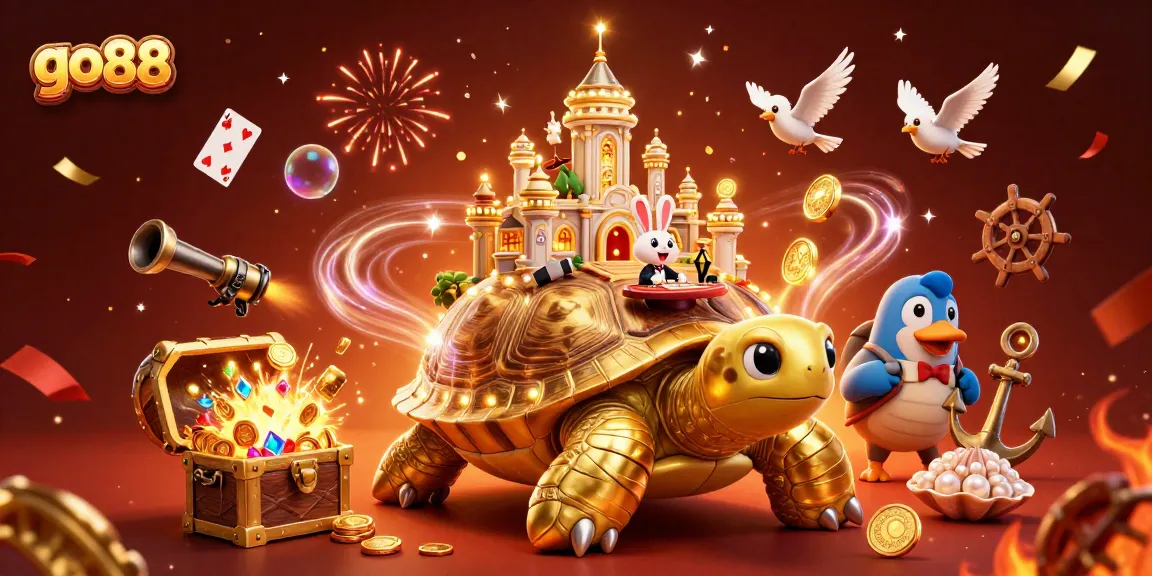 Join the excitement of go88 with a 3D illustration featuring a golden tortoise casino!