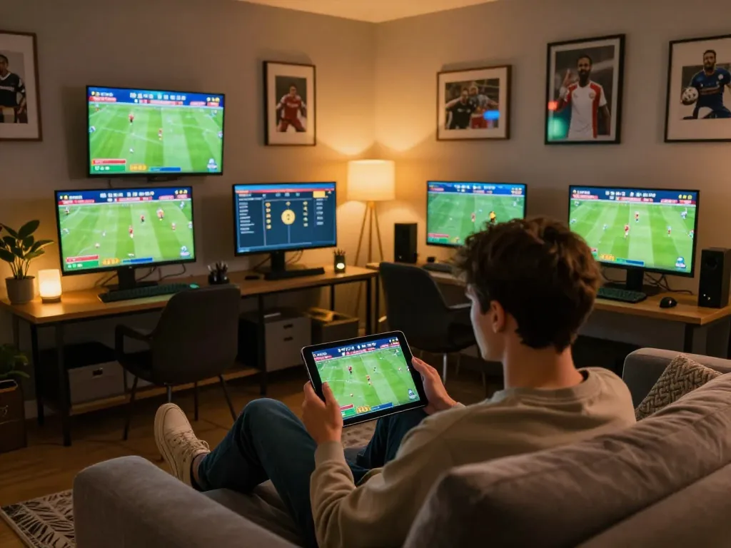 Engaging user placing bets on 888top during a live football match with tablet in hand
