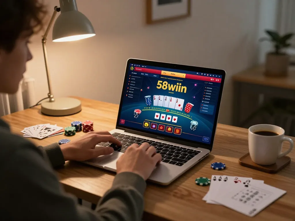 A player enjoys blackjack on 58wiin at home, showcasing an engaging online casino atmosphere.