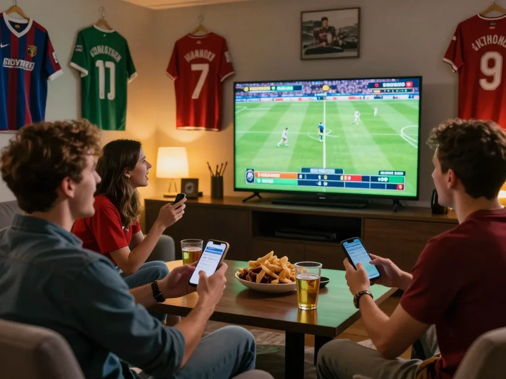 Enjoying ดูบอล with friends while placing bets on smartphones during an exciting match.
