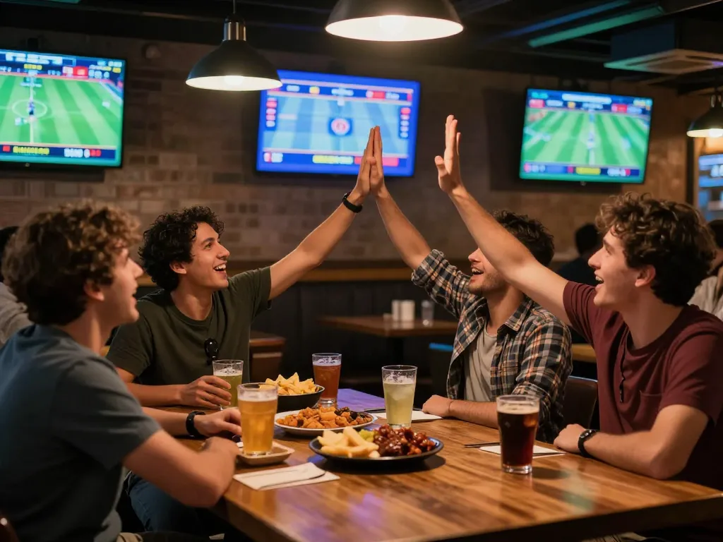 Celebrating a winning kèo nhà cái bet with friends at a vibrant sports bar.