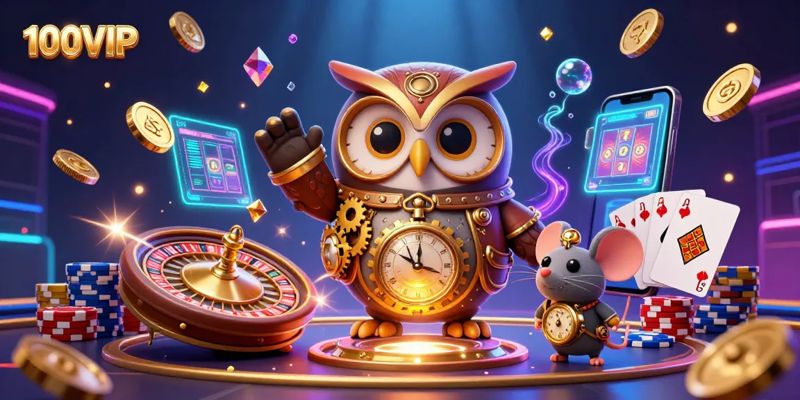 Experience the vibrant world of 100VIP casino with this dynamic 3D illustration featuring time-traveling characters and casino elements.