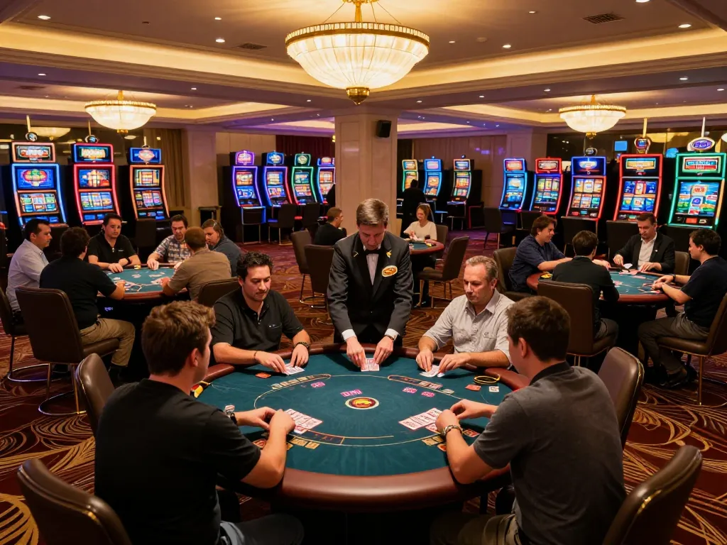 Sao789 players enjoying a vibrant poker game in a luxurious casino setting, filled with excitement.