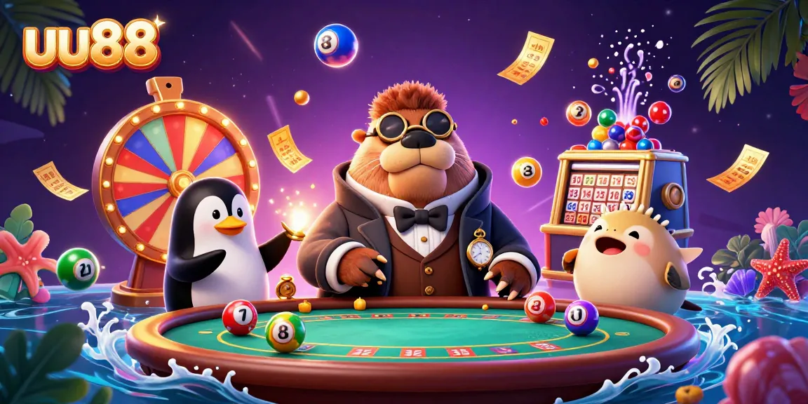 uu88's lively casino scene with a jolly walrus, penguin dealer, and pufferfish player boldly gaming