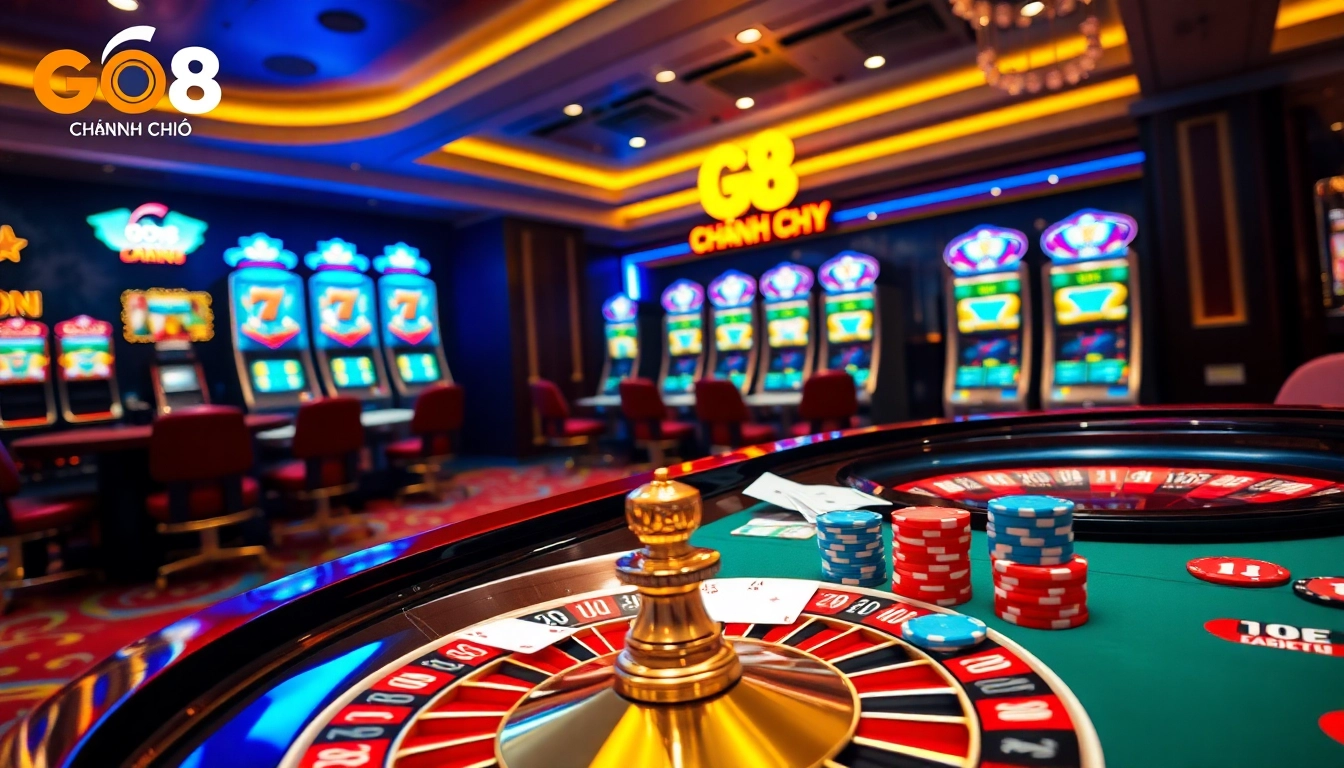 Winning excitement at GO8 CHÍNH CHỦ casino with vibrant slot machines and poker tables.
