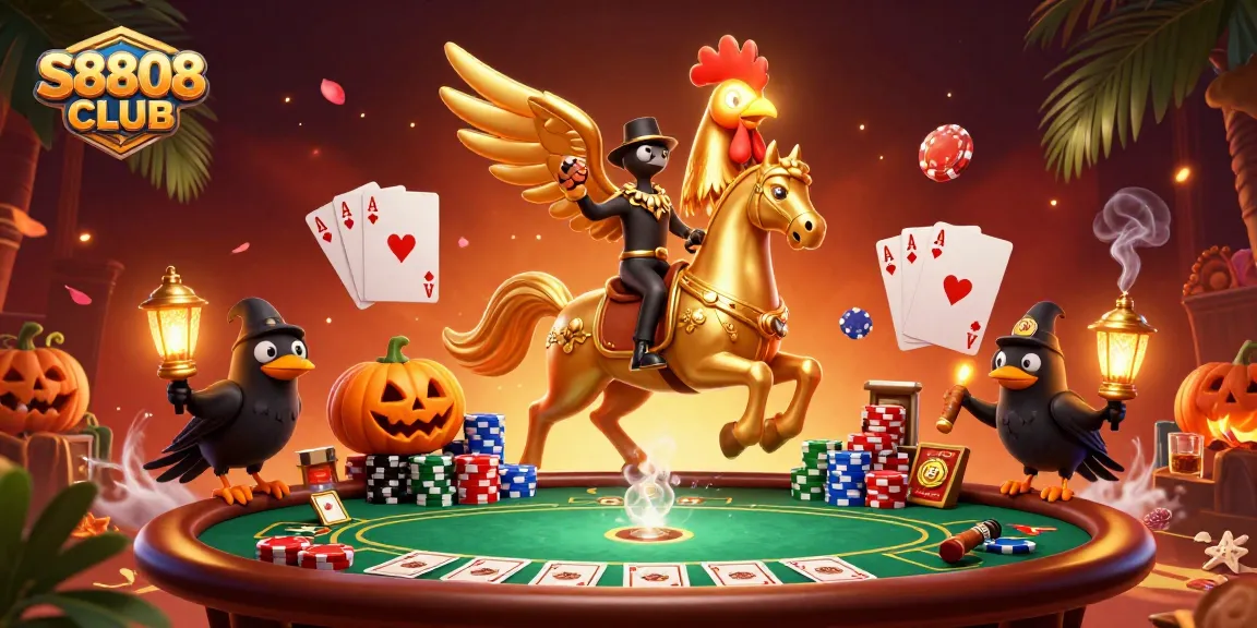 S8808 CLUB showcases a golden rooster riding through a vibrant casino surrounded by poker elements.
