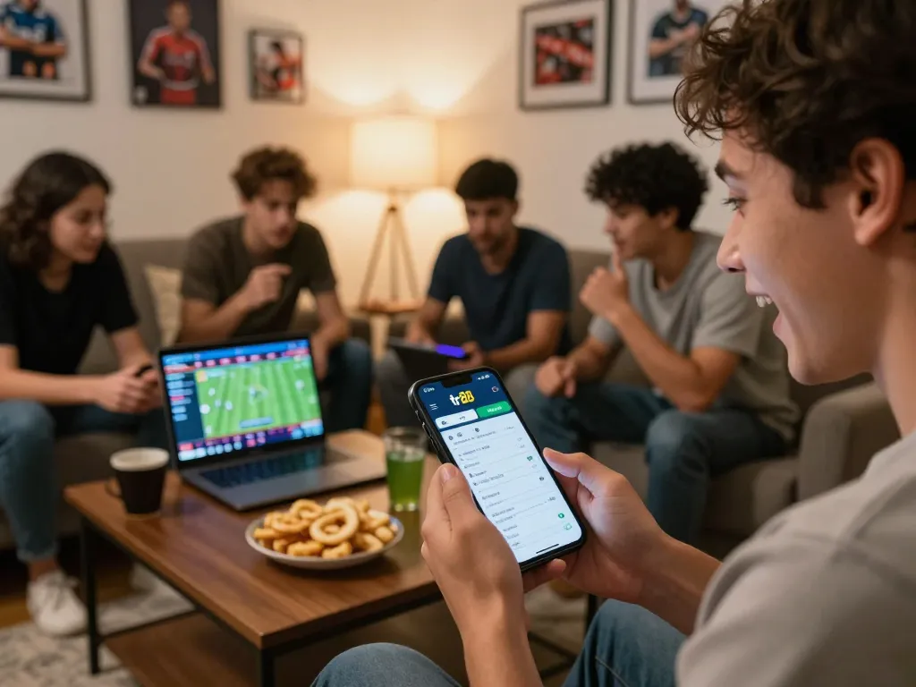 Excited friend checks tr88 betting app during a lively sports betting game night.