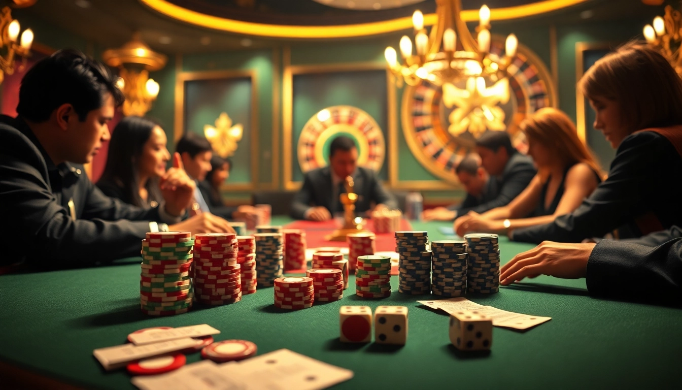 Engage in thrilling poker gameplay at 33WIN casino with vibrant chips and dice on the table.