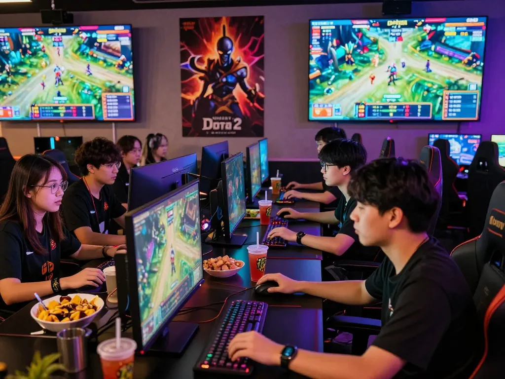 Youthful gamers immersed in esports betting Singapore in a vibrant lounge, live matches displayed on screens.