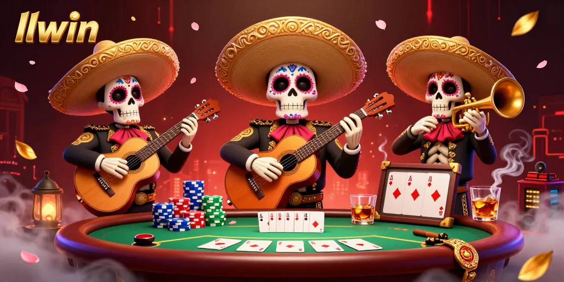 llwin showcases a vibrant 3D illustration of a mariachi band amidst a dynamic casino scene, enticing players with poker and fun.
