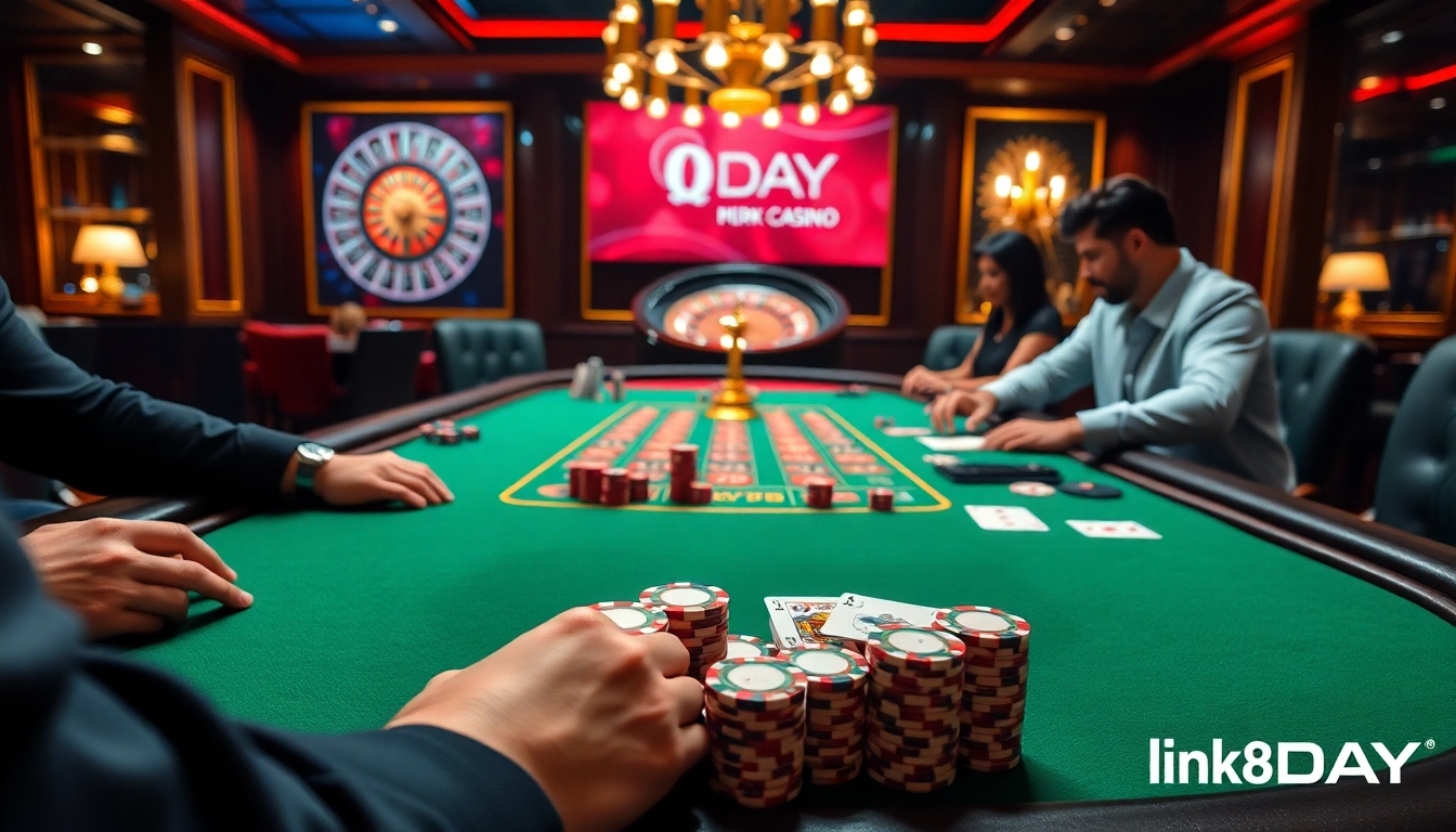 Betting at a luxurious poker table with Link 8DAY branding visible, showcasing high-stakes excitement.