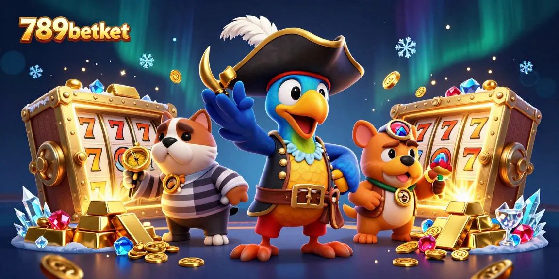 Engage with 789betket's exciting 3D gambling scene featuring vibrant slot reels and gold treasures.