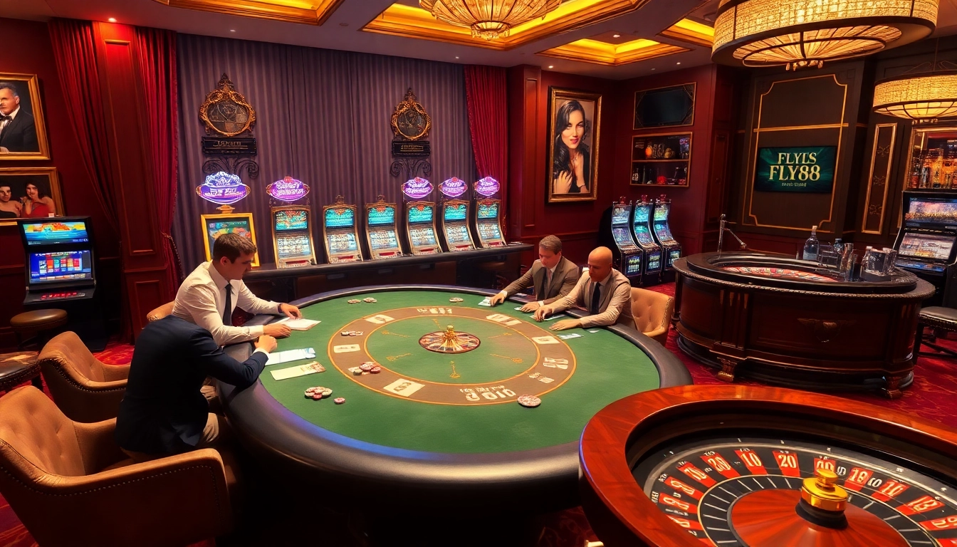 Experience the excitement of FLY88 with a luxurious casino atmosphere featuring poker play and vibrant slot machines.