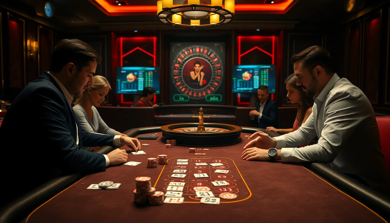 Engaging gamblers at BL555 casino table filled with cards and chips in a luxurious setting.