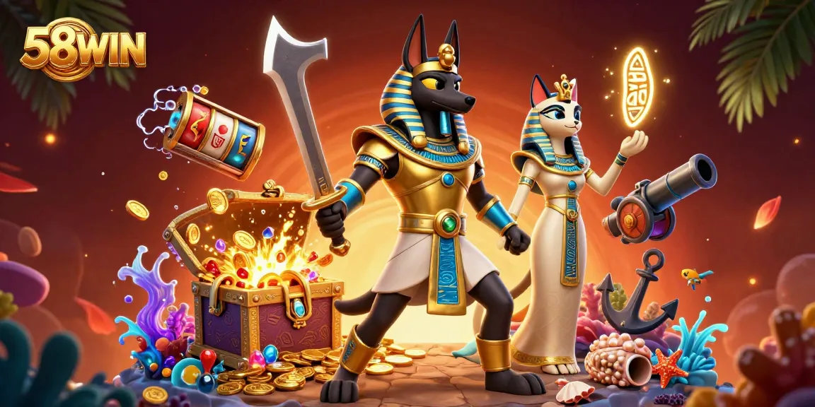 Spin to win at 58WIN with Anubis and Bastet, surrounded by dynamic gaming elements.