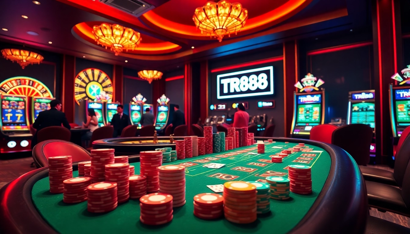 TR88 casino scene bustling with excitement, poker chips, roulette wheel, and players enjoying games.