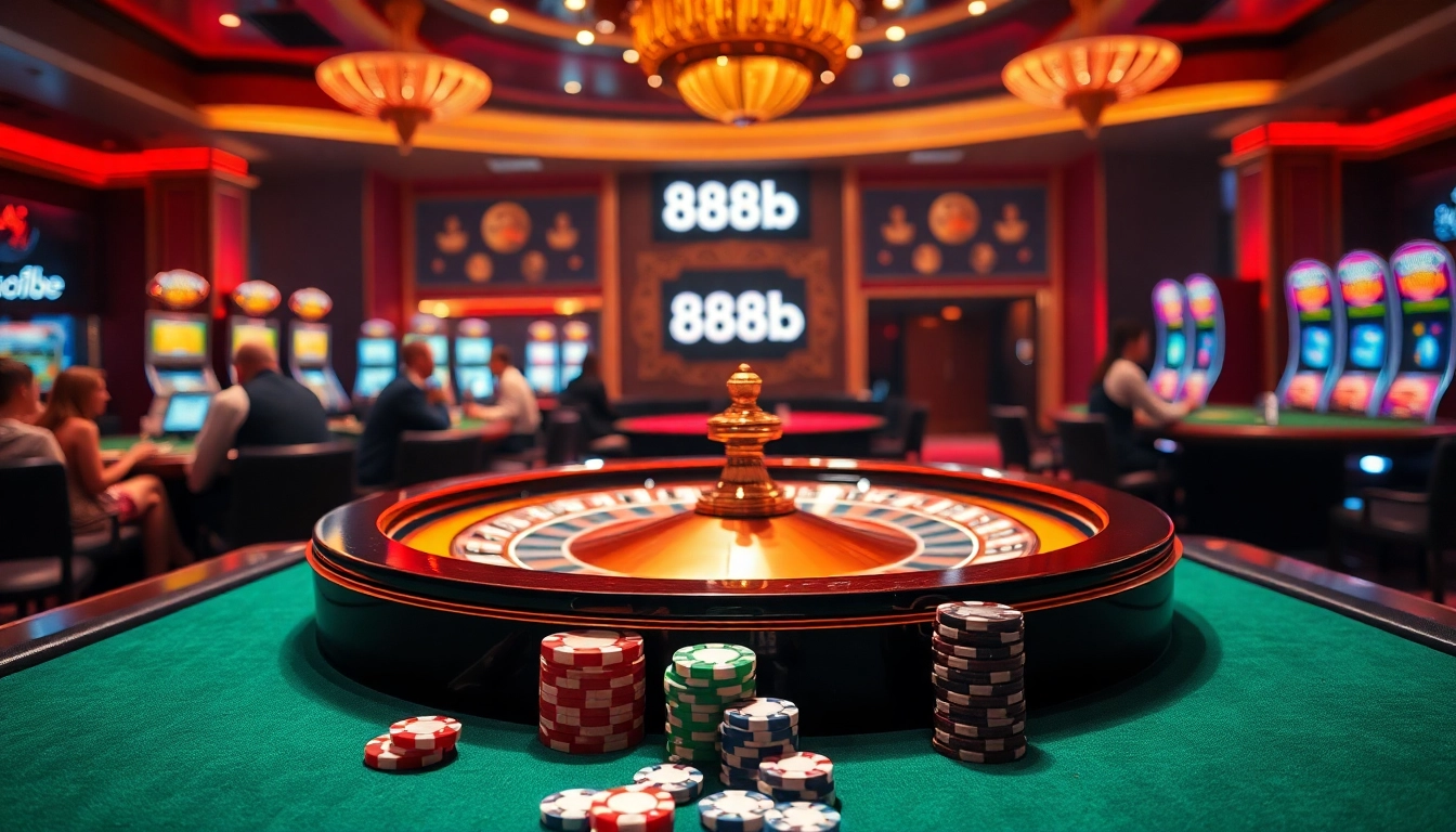 Exciting roulette table scene with poker chips and '888b' highlighting luxury gambling.