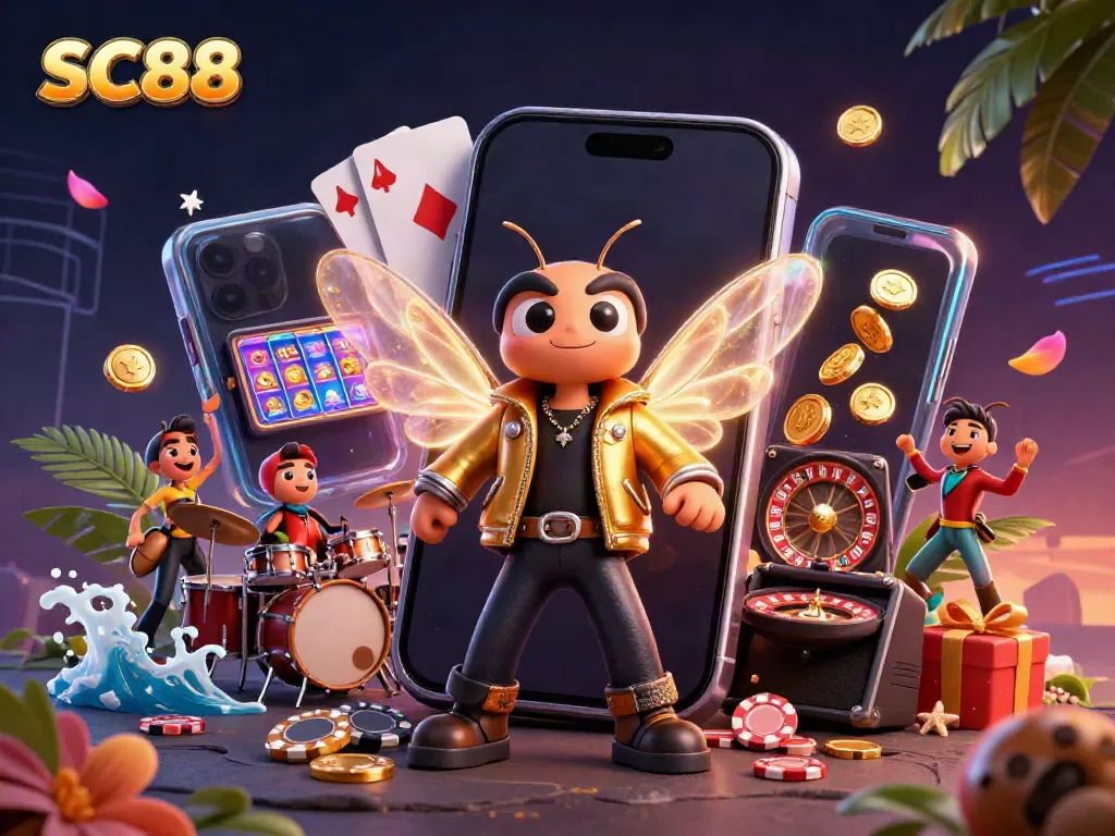 Enjoy thrilling gameplay with SC88 as a cicada rock star leads a vibrant casino scene filled with slot games, coins, and excitement.