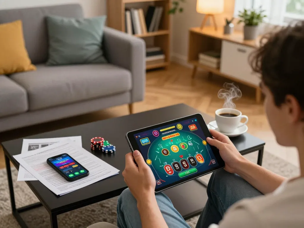 Engaged user enjoying online casino games on a tablet at home, highlighting https://rr88.wales/ gaming experience with strategy notes