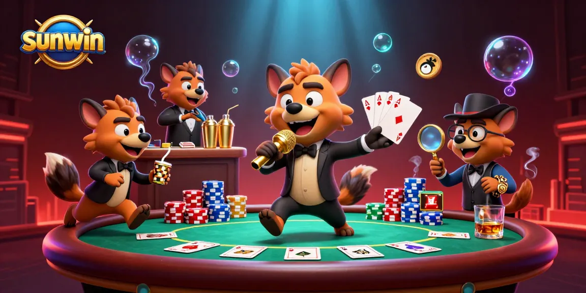 sunwin hyena-themed comedy casino club scene with poker elements and vibrant 3D details