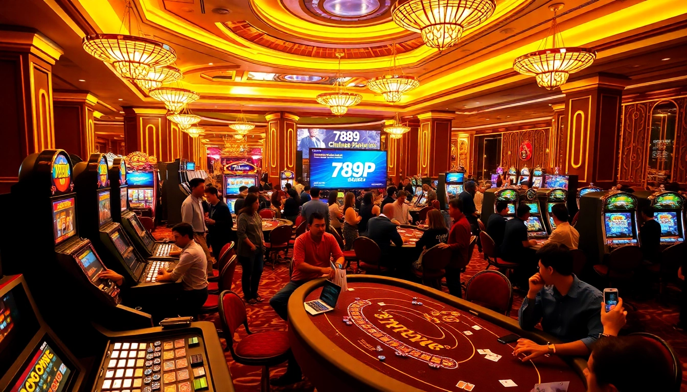 Engaging scene of players enjoying 789P đăng nhập at a lively casino with slot machines and cards.