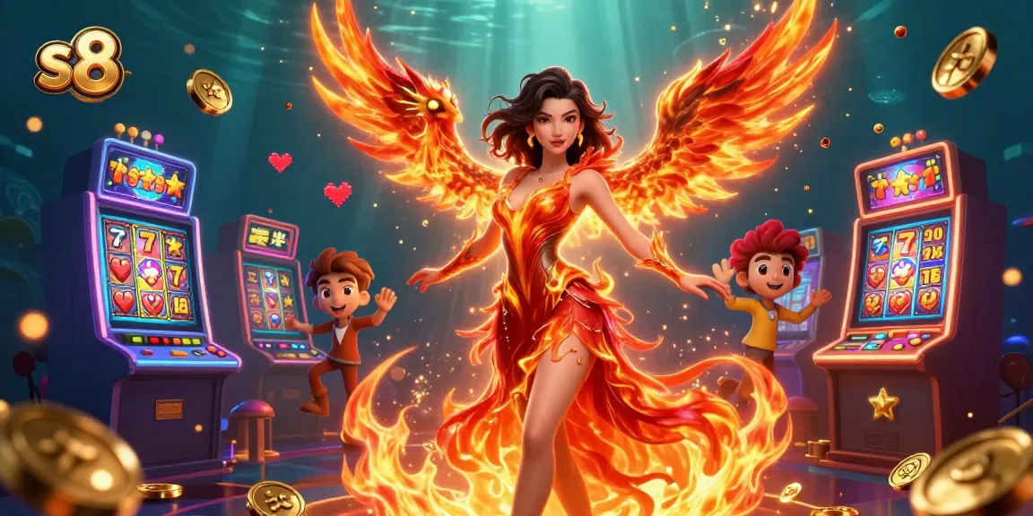 S8's vibrant showcase in a dynamic casino scene, featuring a captivating Asian woman and gaming symbols.