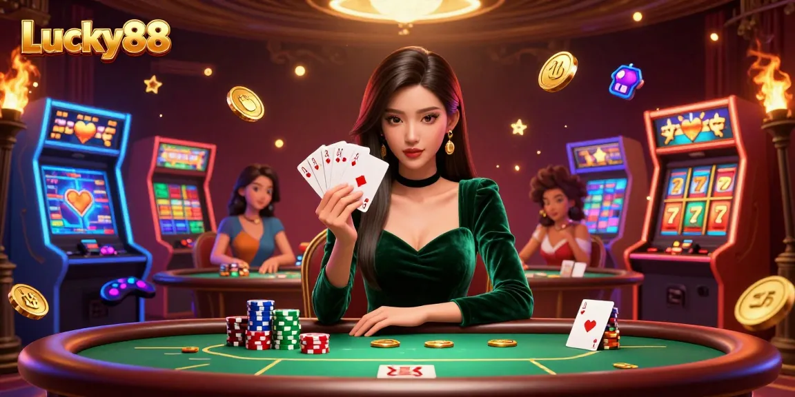 Enjoy thrilling Lucky88 gameplay at a luxurious poker table with vibrant game elements.