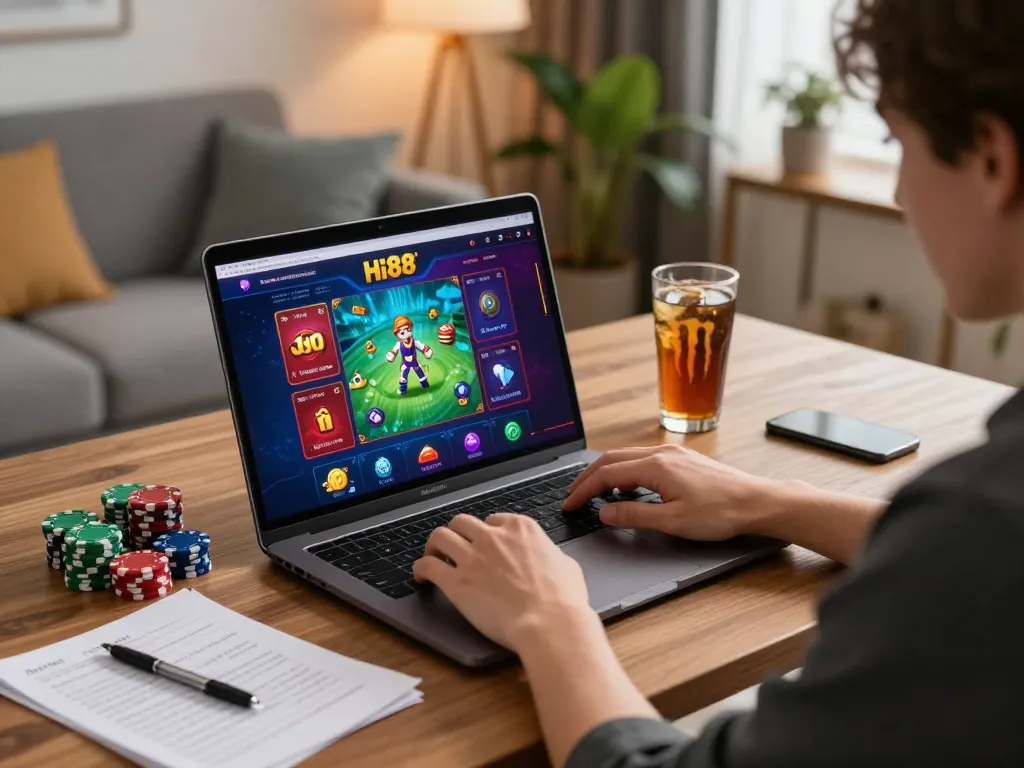 Experience Hi88 gaming interface while enjoying online poker action from home.