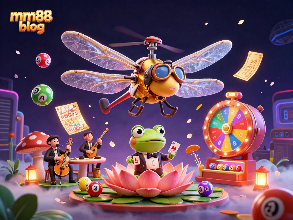 Engage with the mm88 blog featuring a vibrant casino scene with a dragonfly pilot, frog croupier, and jazz cricket musicians.