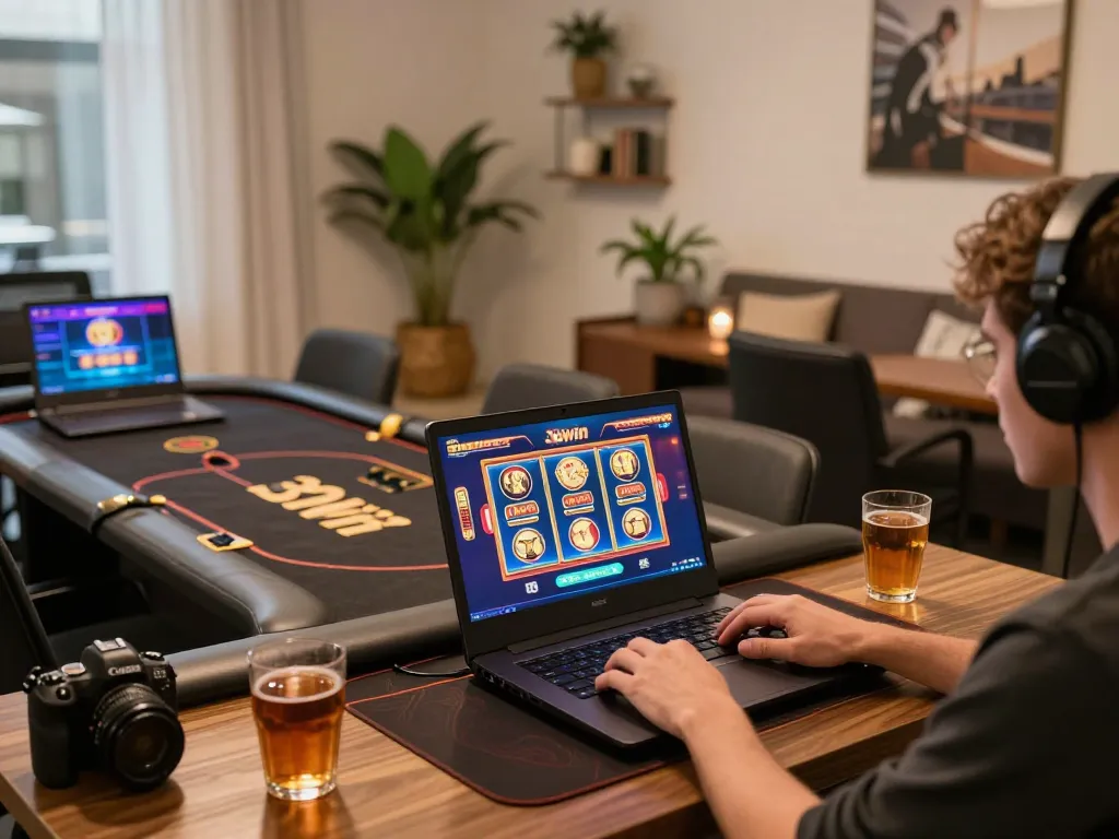 Engaging online gambling scene on 32win with a user playing slots showcased on the laptop