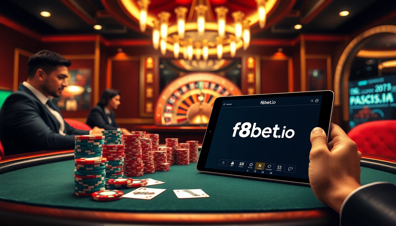 Bet on excitement at https://f8bet.io/ featuring a vibrant casino scene with poker chips and cards.