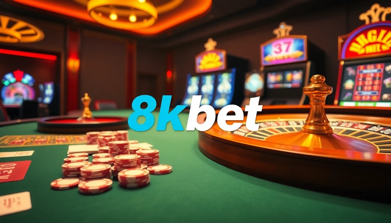 Experience the thrill of casino gaming with 8kbet's luxurious environment featuring casino tables and slot machines.