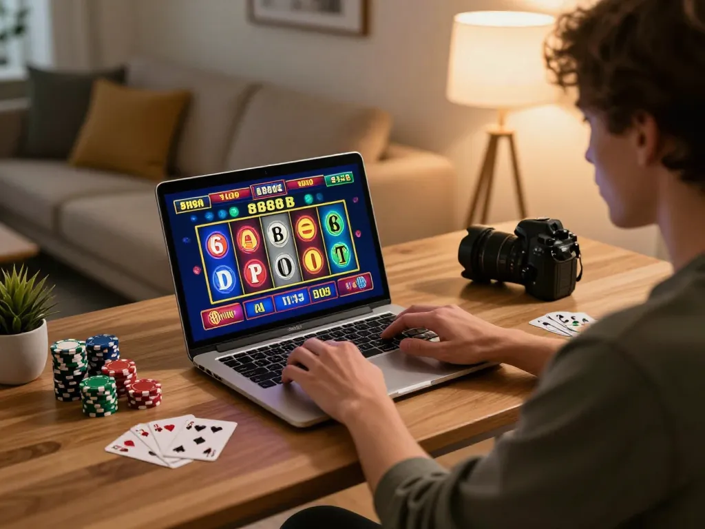 Engaging casino gameplay on 888b slots through a sleek home setup, emphasizing online gaming experience