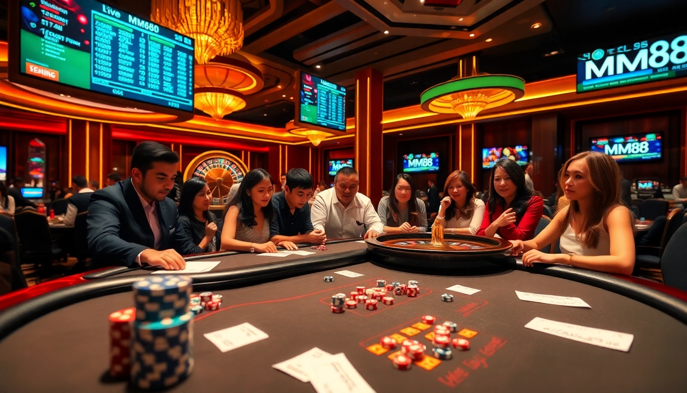 Experience the excitement at MM88 with engaging casino visuals featuring players at a poker table.