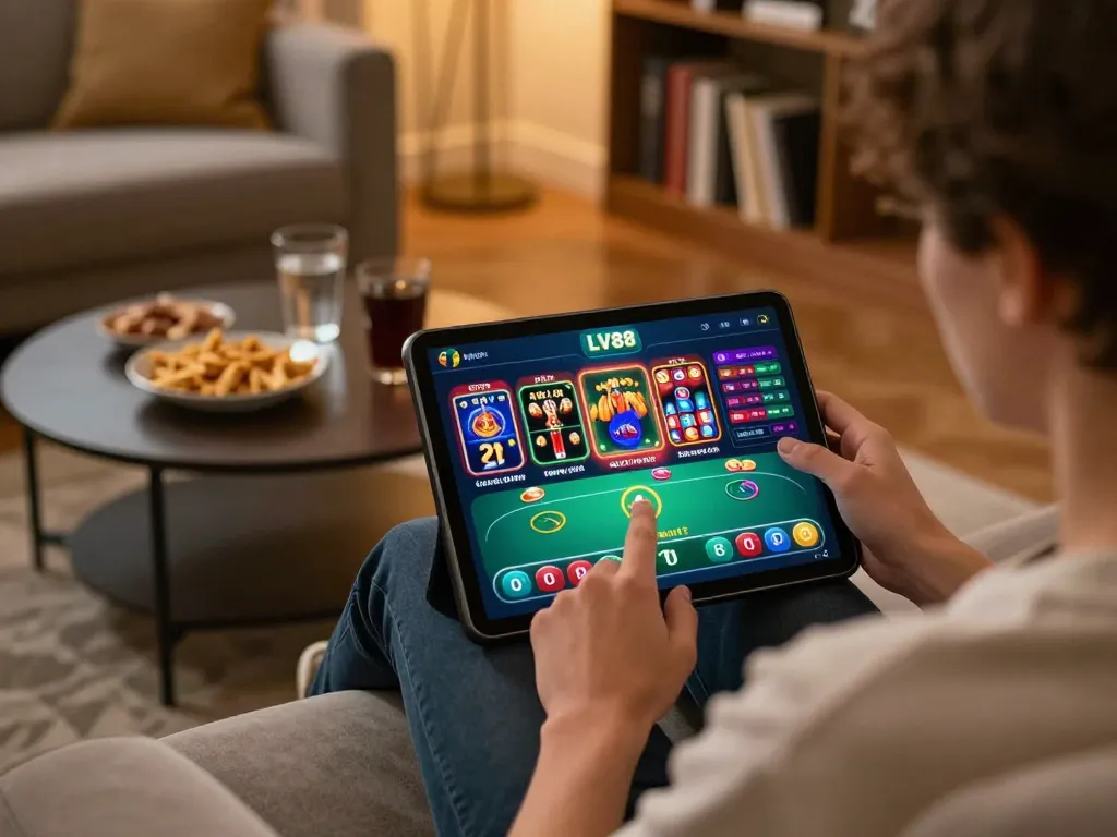 Player engaged in LV88 online gaming with tablet on stylish sofa, enhancing strategic play.