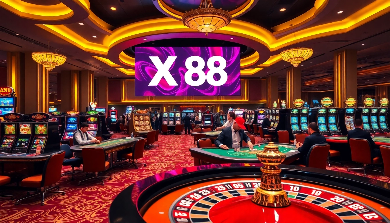Players enjoying their games at the vibrant XX 88 casino, with roulette and poker tables highlighted.
