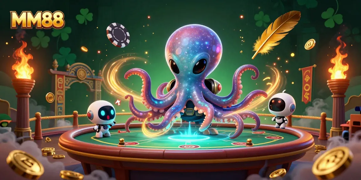 Engage with the vibrant world of MM88 at a holographic poker table, surrounded by dynamic casino elements.