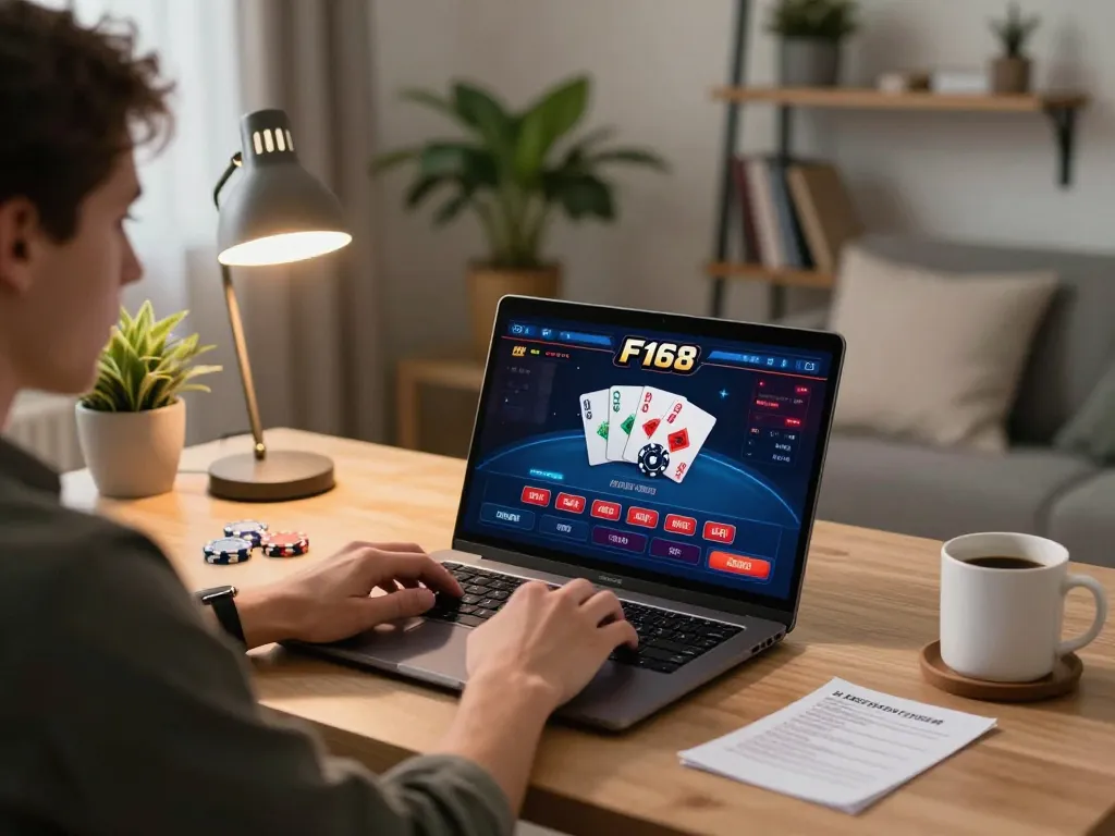 Player engaging in online poker at F168, showcasing a laptop interface and cozy gaming atmosphere.